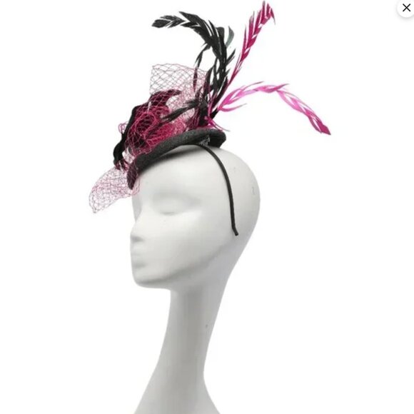 Sinamay Handmade Pink & Black Feather Fascinator | Derby Wedding Hat Headband - Picture 7 of 8